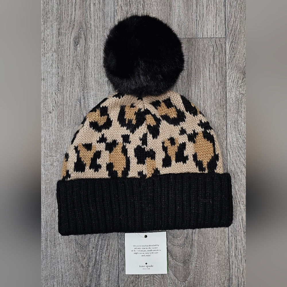Kate Spade Leopard Print Beanie with Black Pom *NWT* - Picture 3 of 4